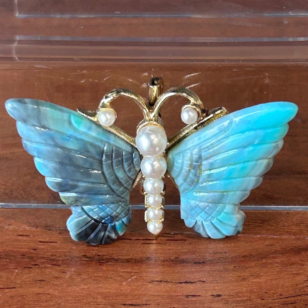 Vintage Butterfly Brooch Faux Pearl Gold Tone Turquoise Marbled Carved Wings Pin